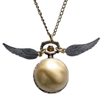 Golden Wings Snitch Quartz Pocket Watch Necklace..