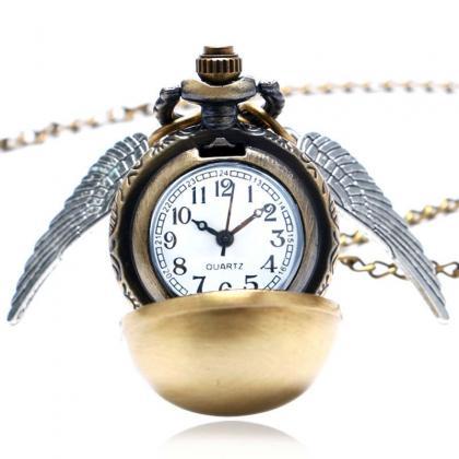 Golden Wings Snitch Quartz Pocket Watch Necklace..