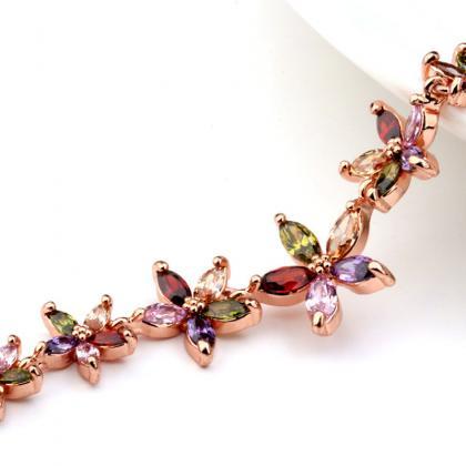 Luxury Rose Gold Necklace Colorful Zircon Flower..
