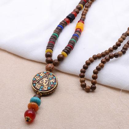Vintage Wood Beaded Pendant Necklace Ethnic Prayer..