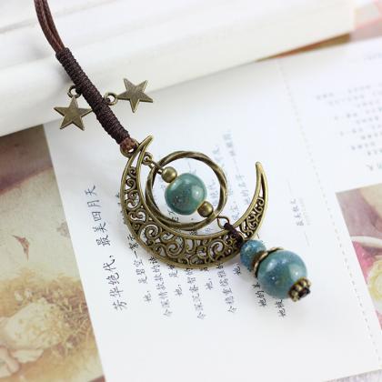 Vintage Star Moon Necklace Ethnic Ceramic Handmade..
