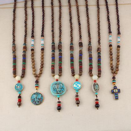 Ethnic Blue Beads Necklace Long-style Retro..