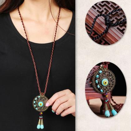 Ethnic Round Tassels Necklace Long-style Alloy..