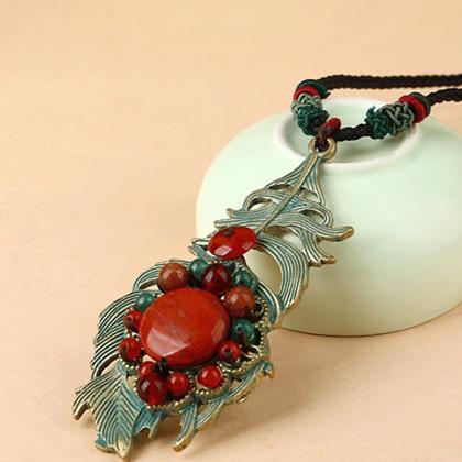 Retro Leaves Long Style Necklace Alloy Ikeramic..