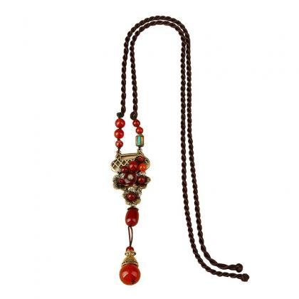 Vintage Red Agate Pendant Alloy Long Necklace..