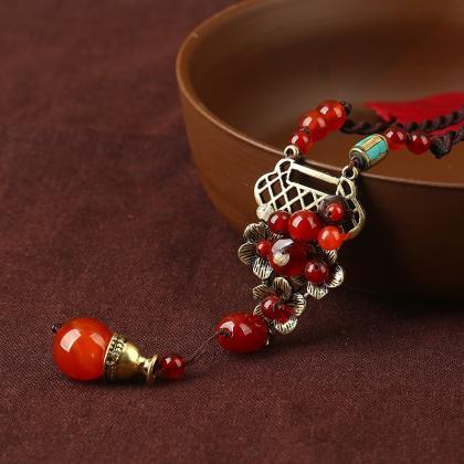 Vintage Red Agate Pendant Alloy Long Necklace..