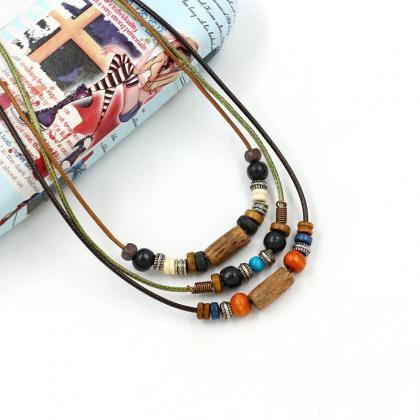 Bohemian Multilayer Necklace Wax Rope Alloy Wood..