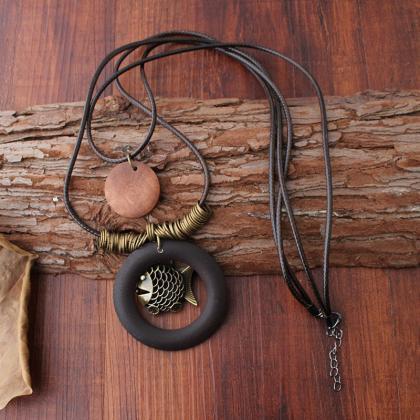 Vintage Enthic Wood Pendant Necklaces Fish 2..