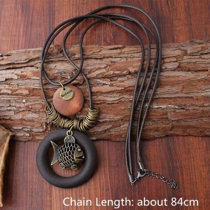 Vintage Enthic Wood Pendant Necklaces Fish 2..