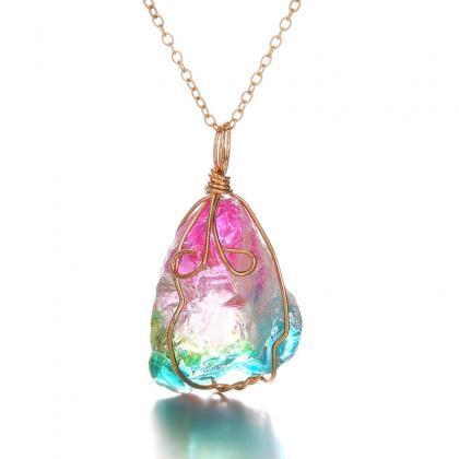 Trendy Natural Stone Gold Line Necklace Colorful..