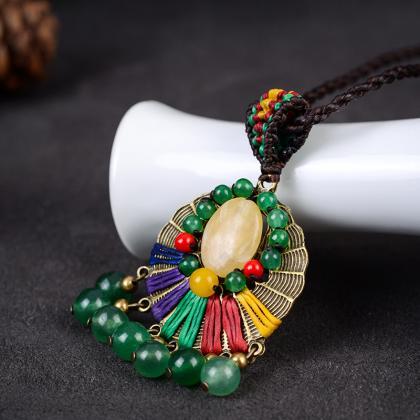 Ethnic Necklace Colorful Agate Flower Pendant..