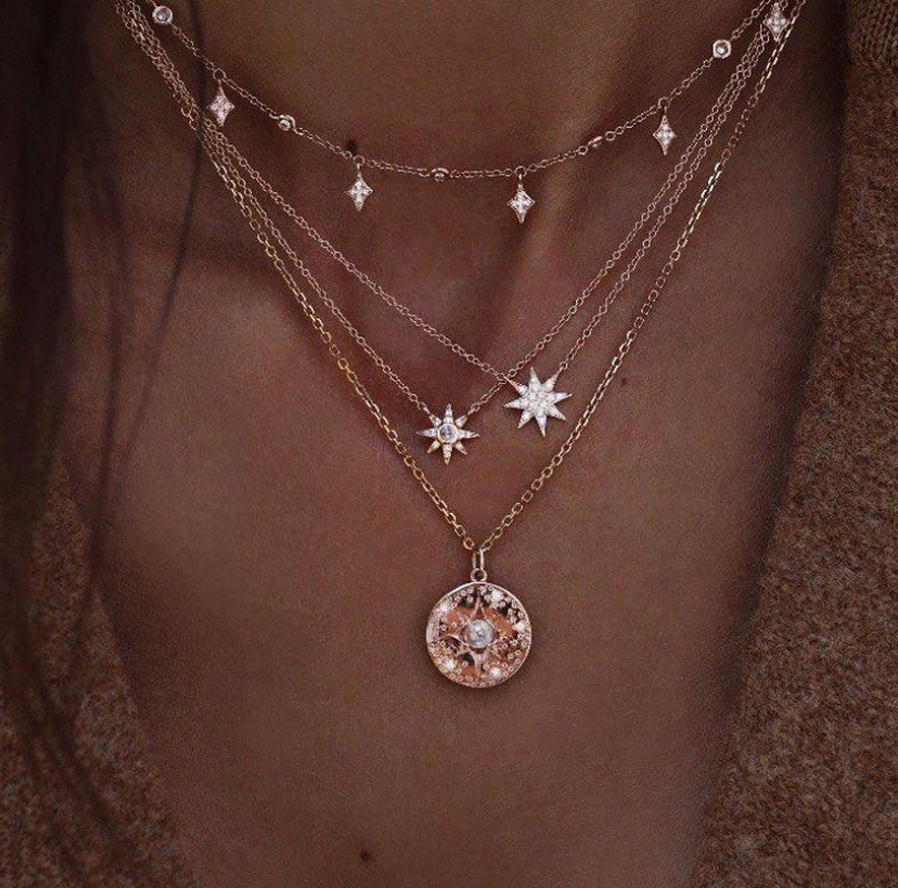 Bohemian Multilayer Necklaces Round Slice Beads Stars Chain Crescent Pendant Necklace For Women