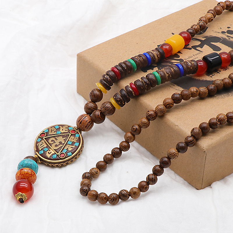 Vintage Wood Beaded Pendant Necklace Ethnic Prayer Beads Long Charm Unisex Necklaces