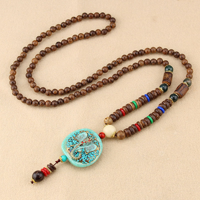 Ethnic Blue Beads Necklace Long-style Retro Pendant Necklace For Women Men