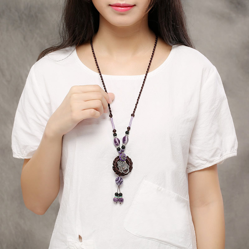 Ethnic Womens Flower Necklace Vintage Purple Ceramic Drop Tassel Pendant Adjustable Necklaces