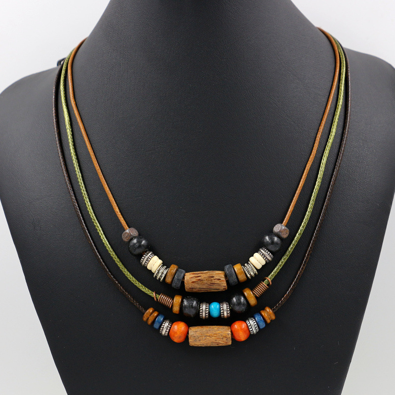 Bohemian Multilayer Necklace Wax Rope Alloy Wood Beaded Sweater Necklace Ethnic Jewelry For Women