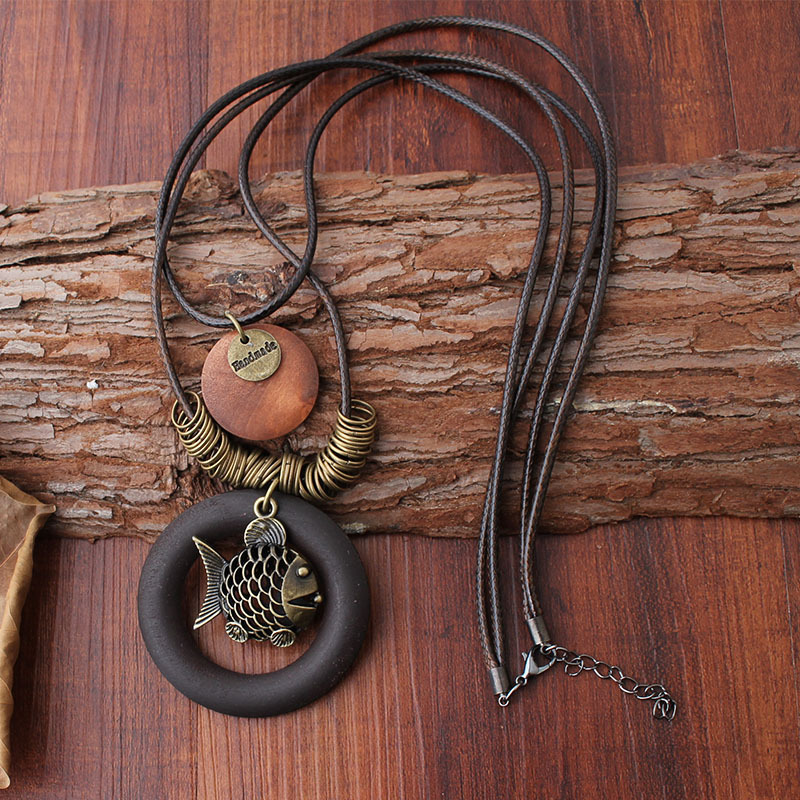 Vintage Enthic Wood Pendant Necklaces Fish 2 Layers Wax Rope Necklace For Women