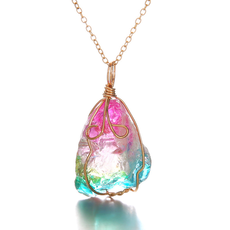 Trendy Natural Stone Gold Line Necklace Colorful Handmade Crystal Charm Necklace For Women