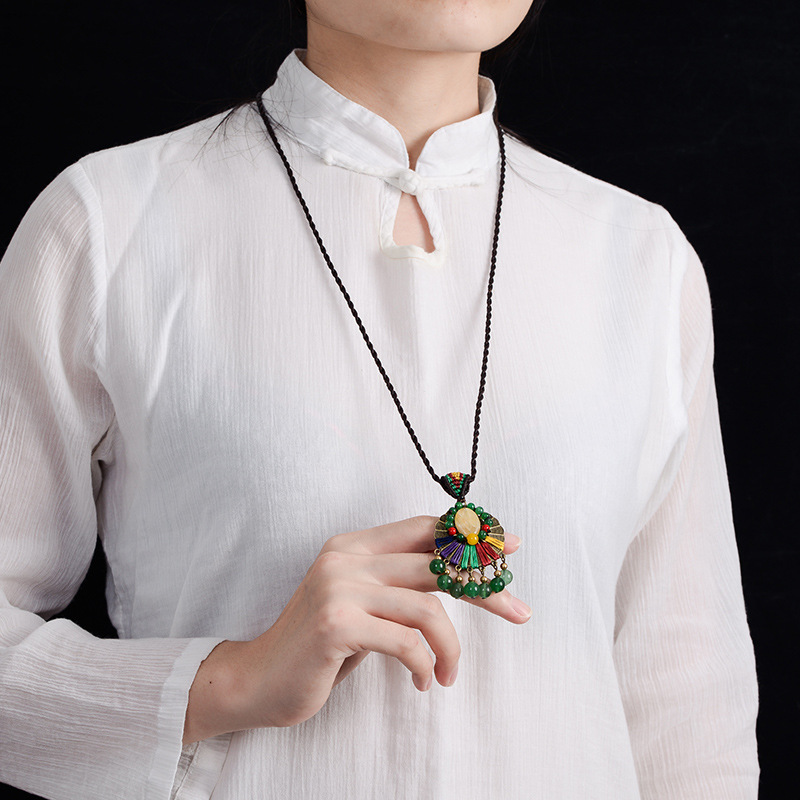 Ethnic Necklace Colorful Agate Flower Pendant Vintage Cloisonne Jade Charm Necklace For Women