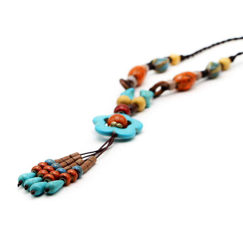 Ethnic Women's Long Necklace Vintage Handmade Ceramic Flower Wood Bead Tassel Necklaces Gift