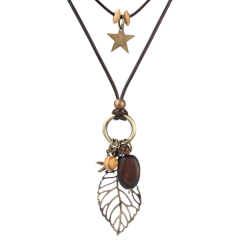 Vintage Hollow Leaf Pendant Women's Necklace Wood Star Charm Wax Rope Long Necklace For Women