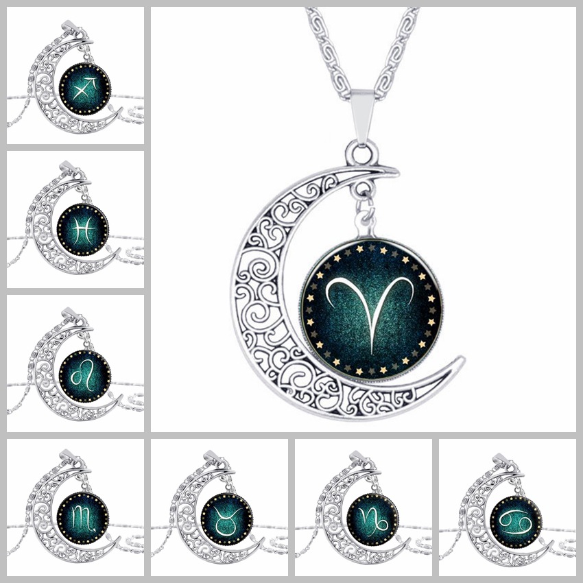 Retro Style Pendant Necklace Luminous 12 Constellation Crescent Necklace Gift For Girl